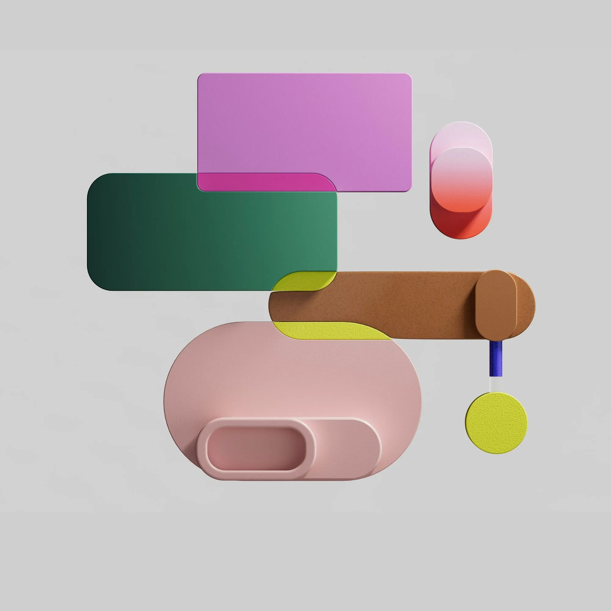 Stacked pastel blocks in pink, lilac, deep green and brown with a small yellow disc on a light grey background