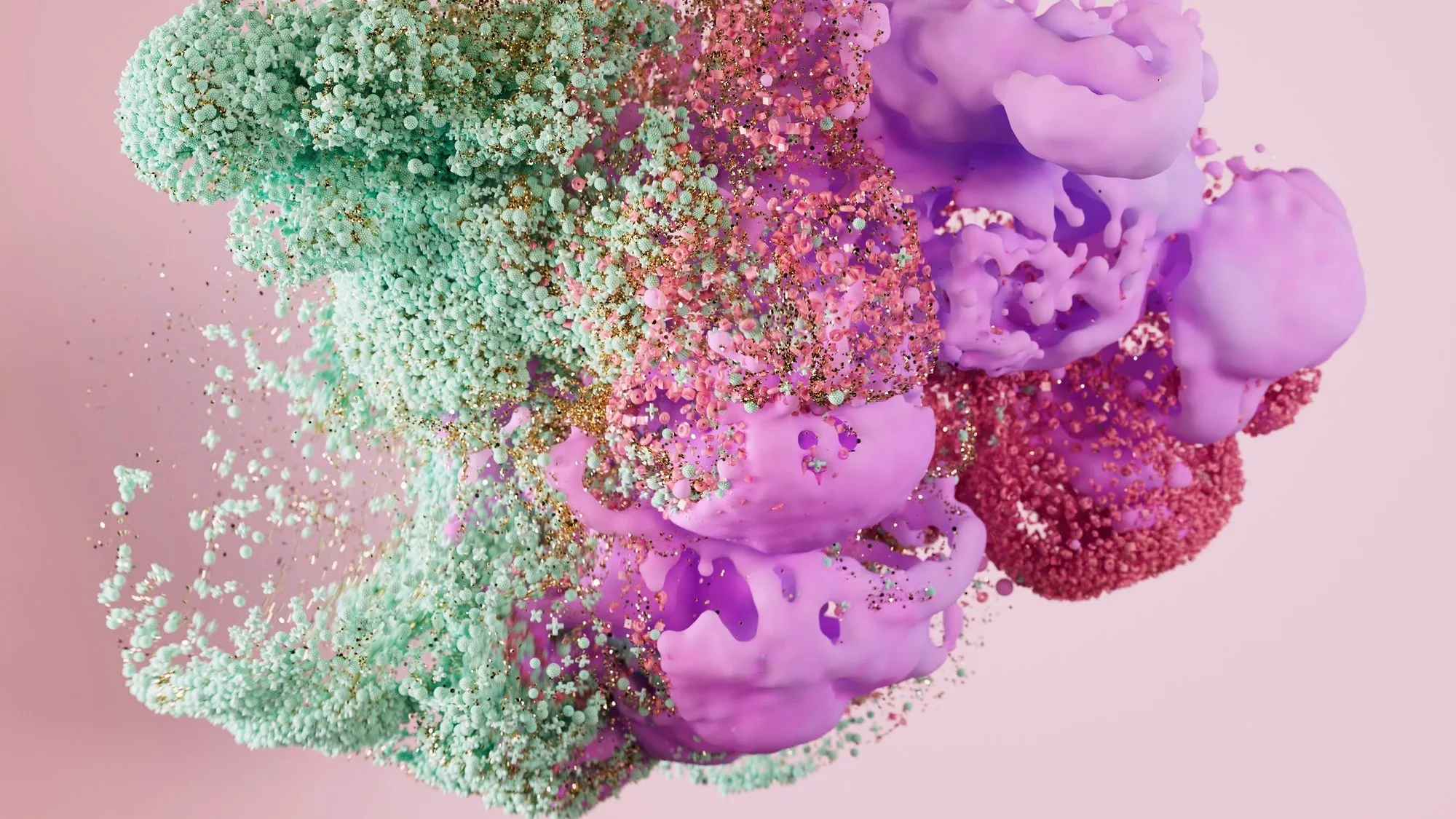A cloud of mint-green beads, coral particles and lilac forms bursting across a soft pink background