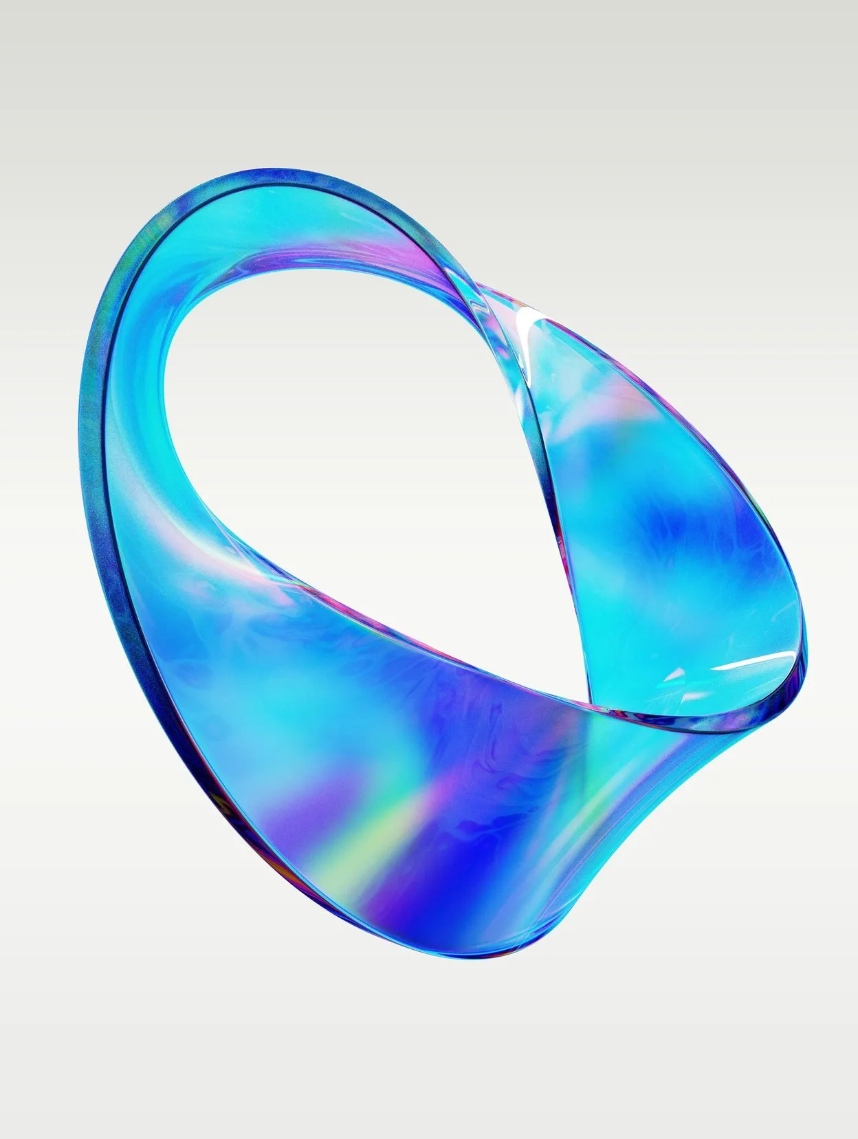 3D render of an iridescent blue glass Möbius loop floating on a light grey background