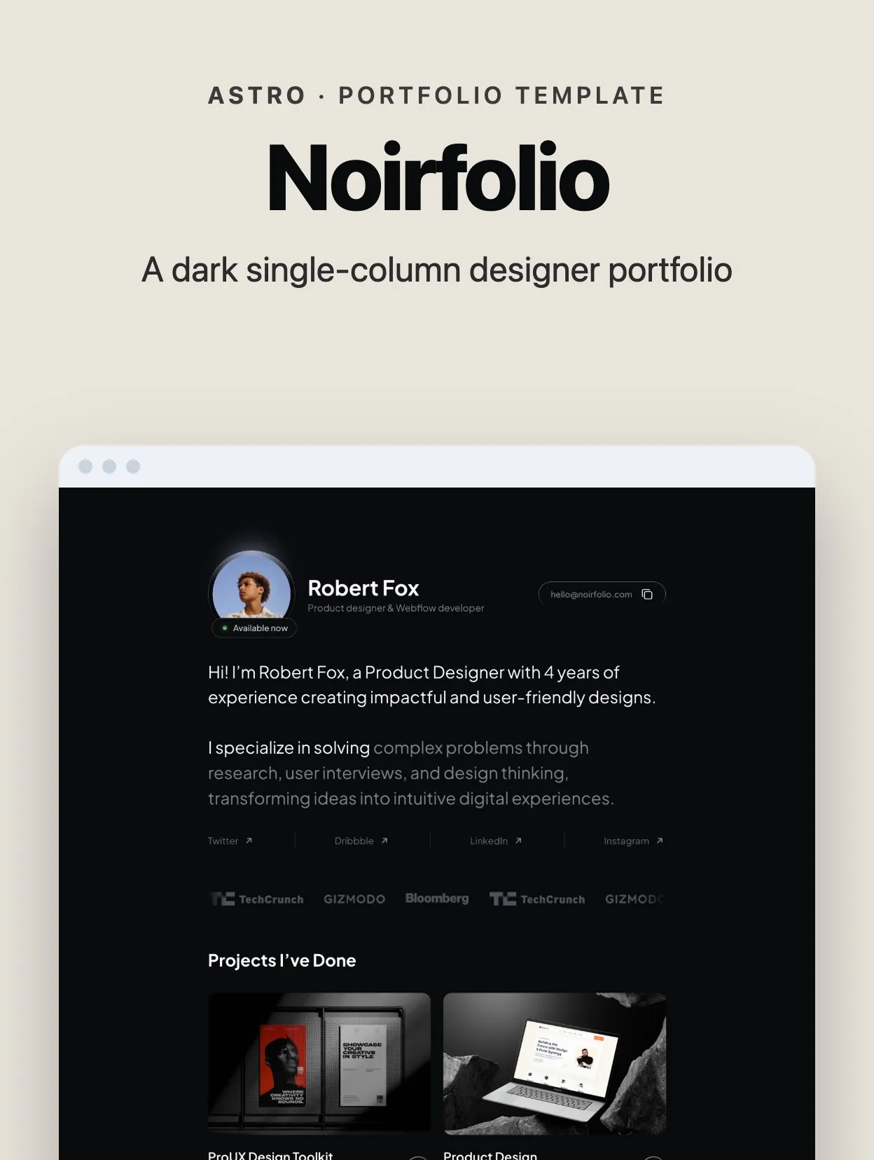 Noirfolio Dark Portfolio template cover with a preview of the home page