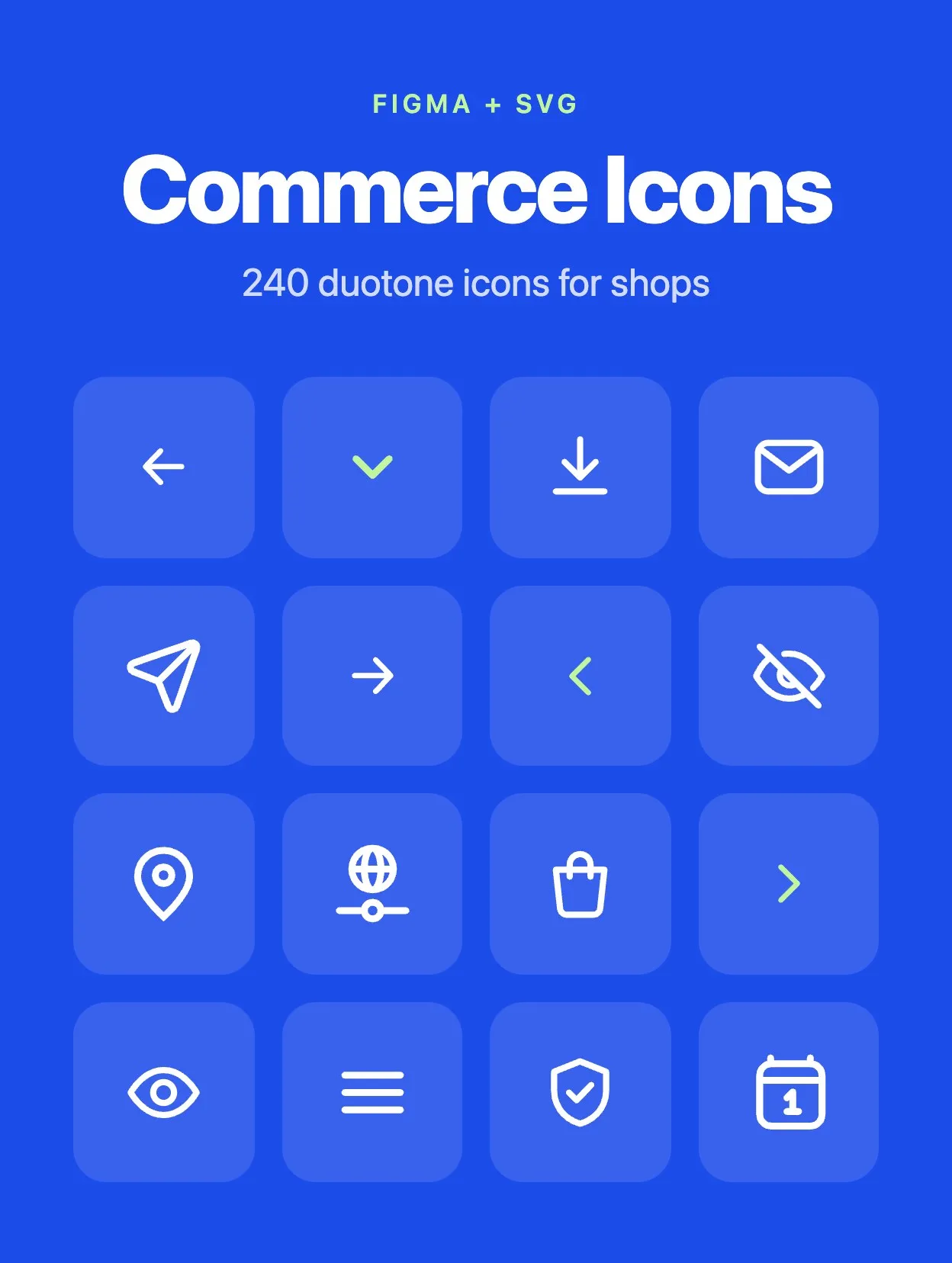 Duotone Commerce Icons cover: white icons on blue tiles