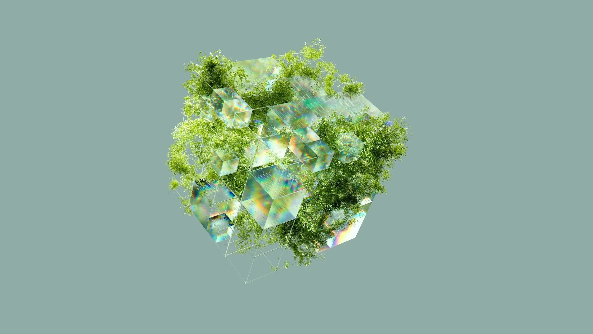 A cluster of green foliage and glass crystals floating on a sage-green background