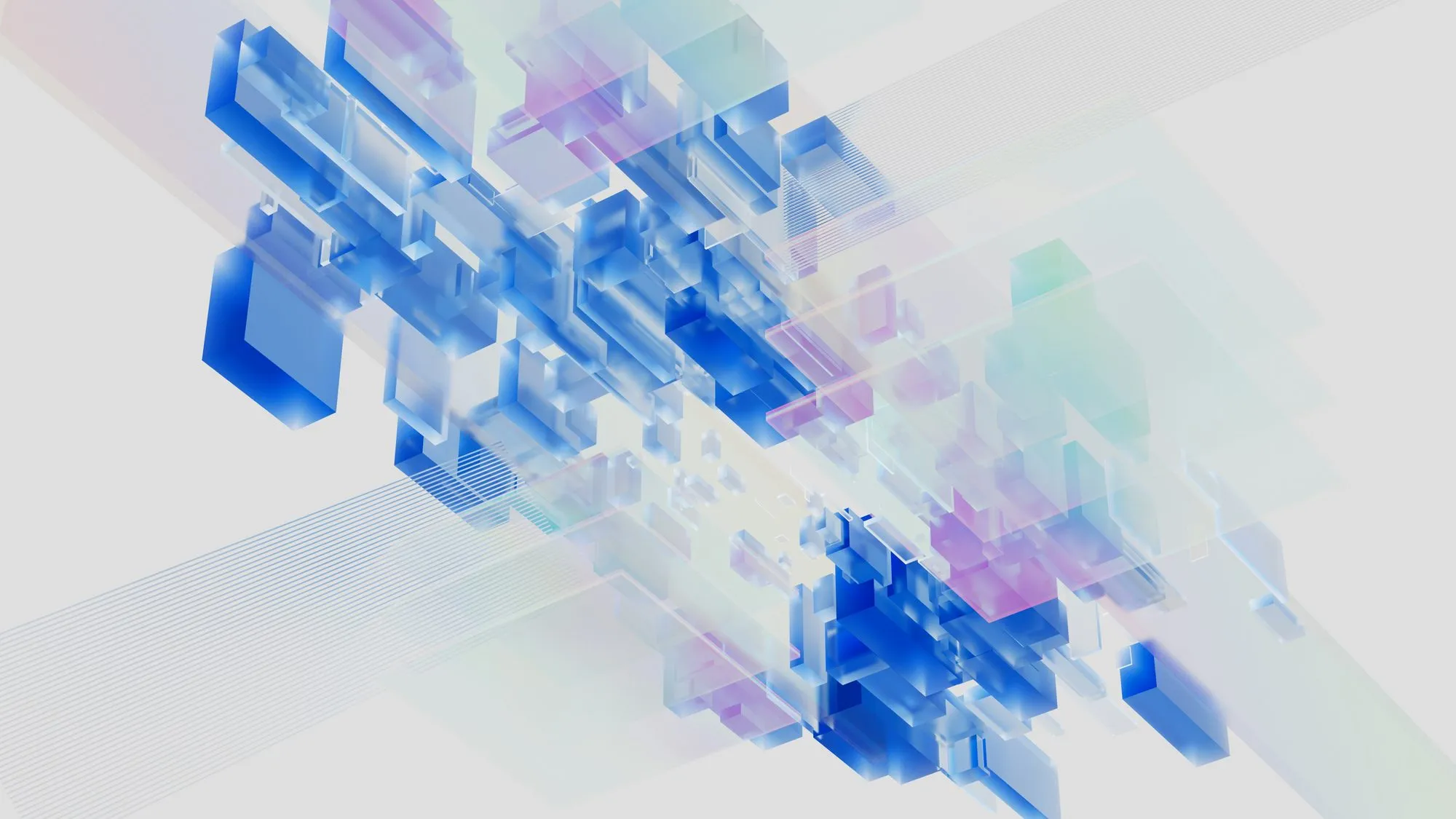 Abstract translucent cubes in soft blue and pink floating over a pale background