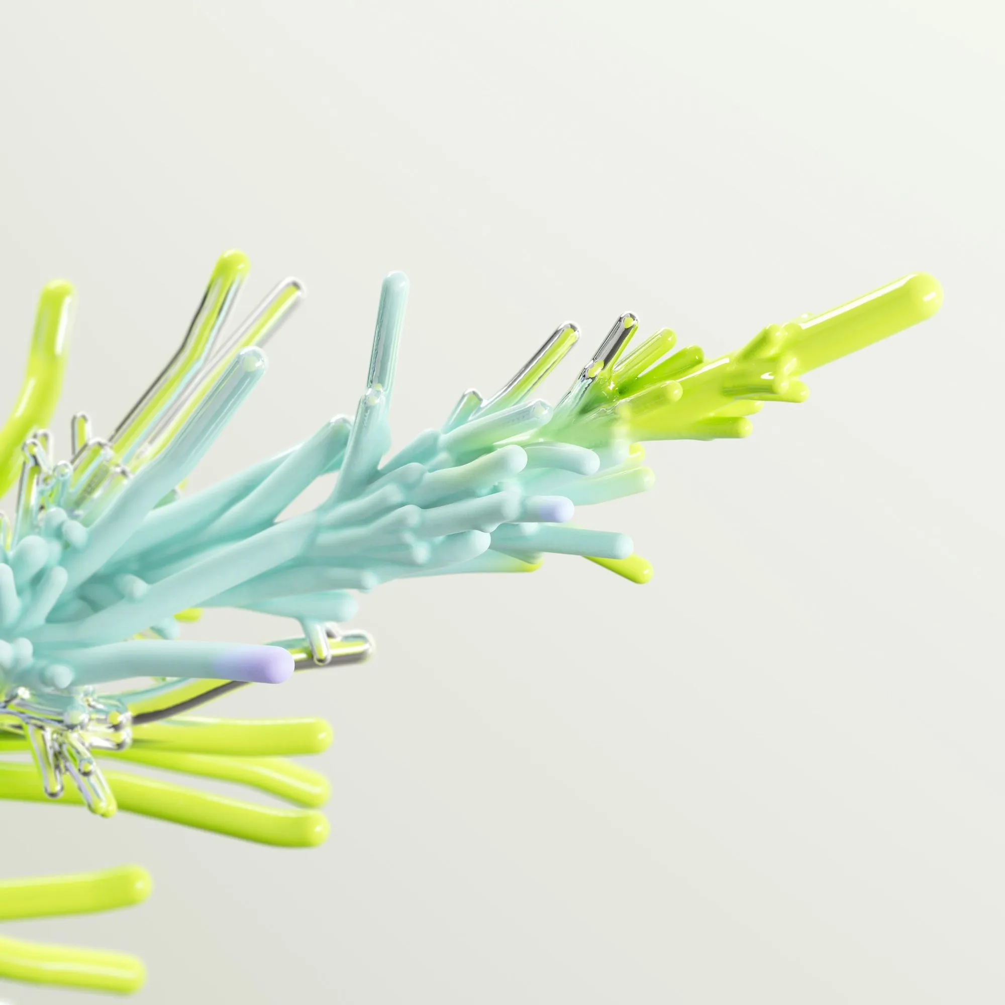 Bundles of cyan and lime-green tubes fanning out on an off-white background