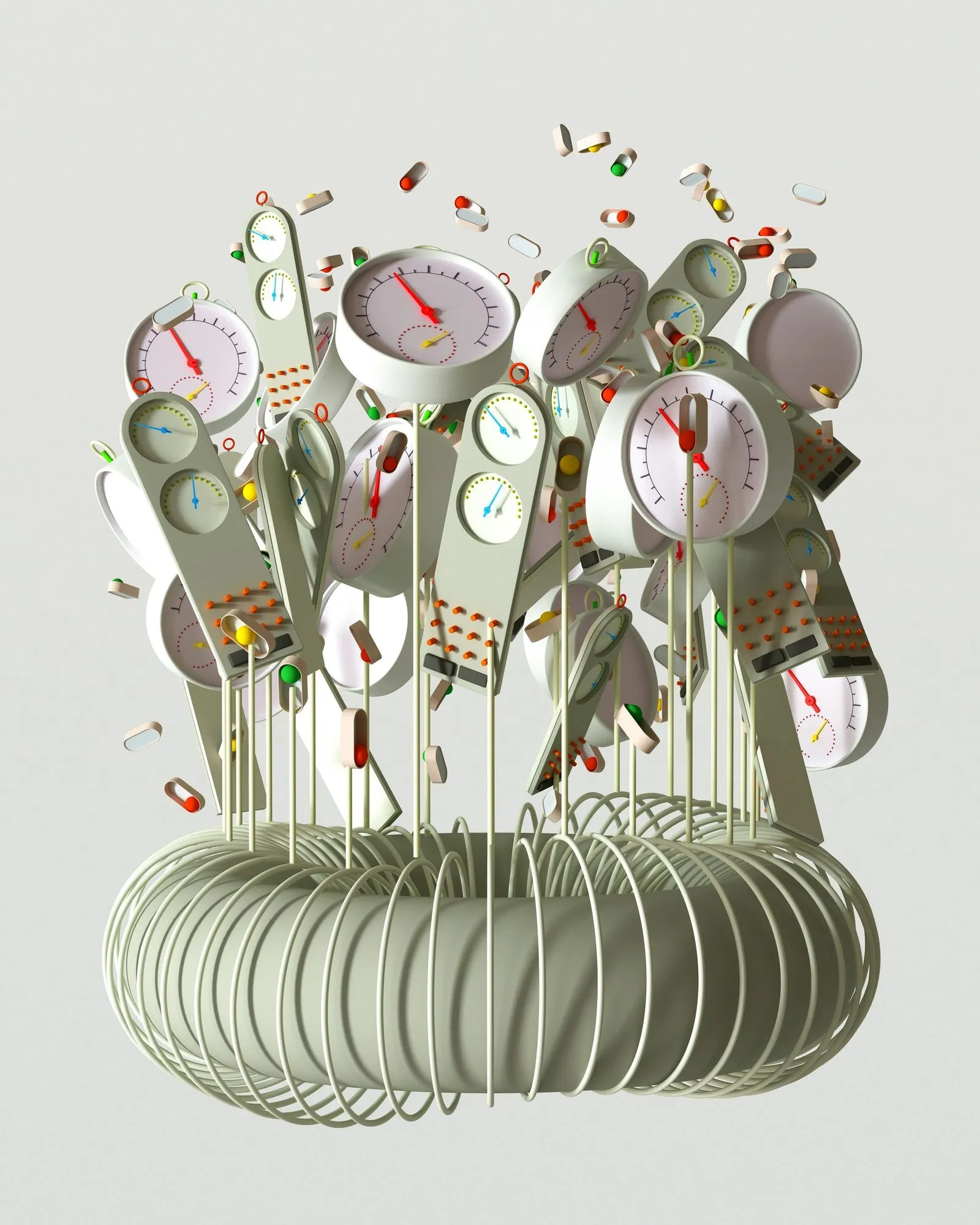 A sculpture of grey pressure gauges and dials on stems rising from a coiled metal base