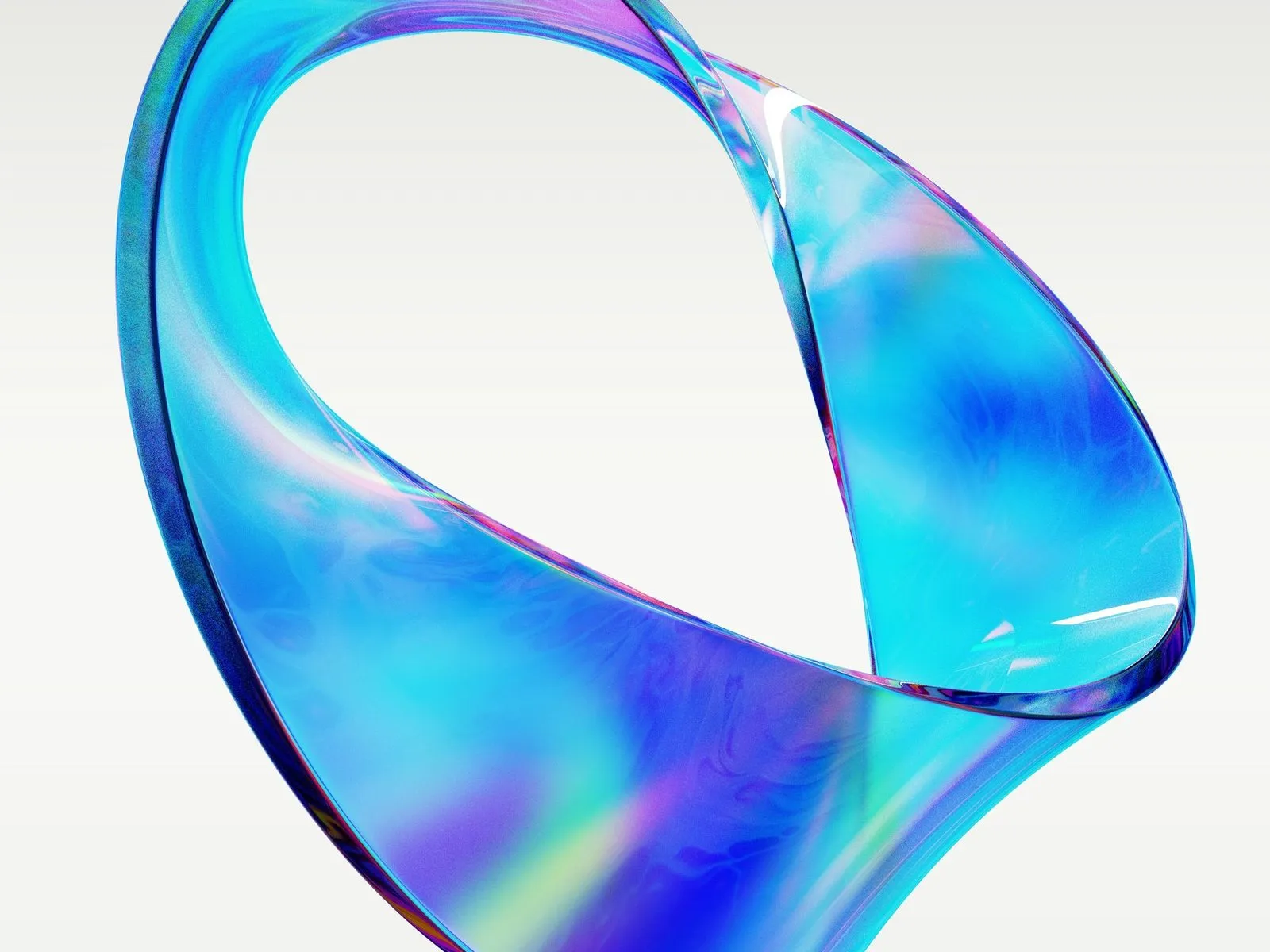 3D render of an iridescent blue glass Möbius loop floating on a light grey background