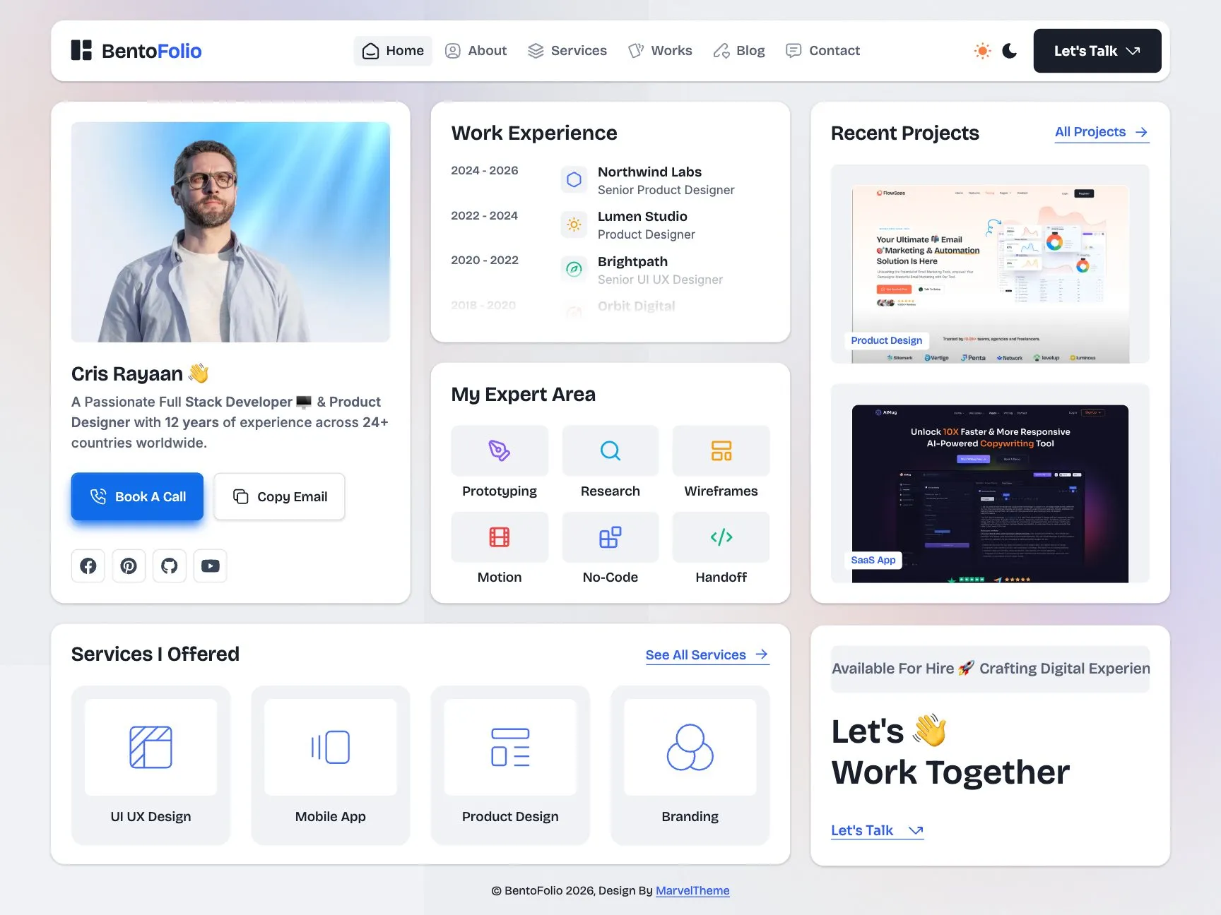 Bentofolio home page with the bento grid