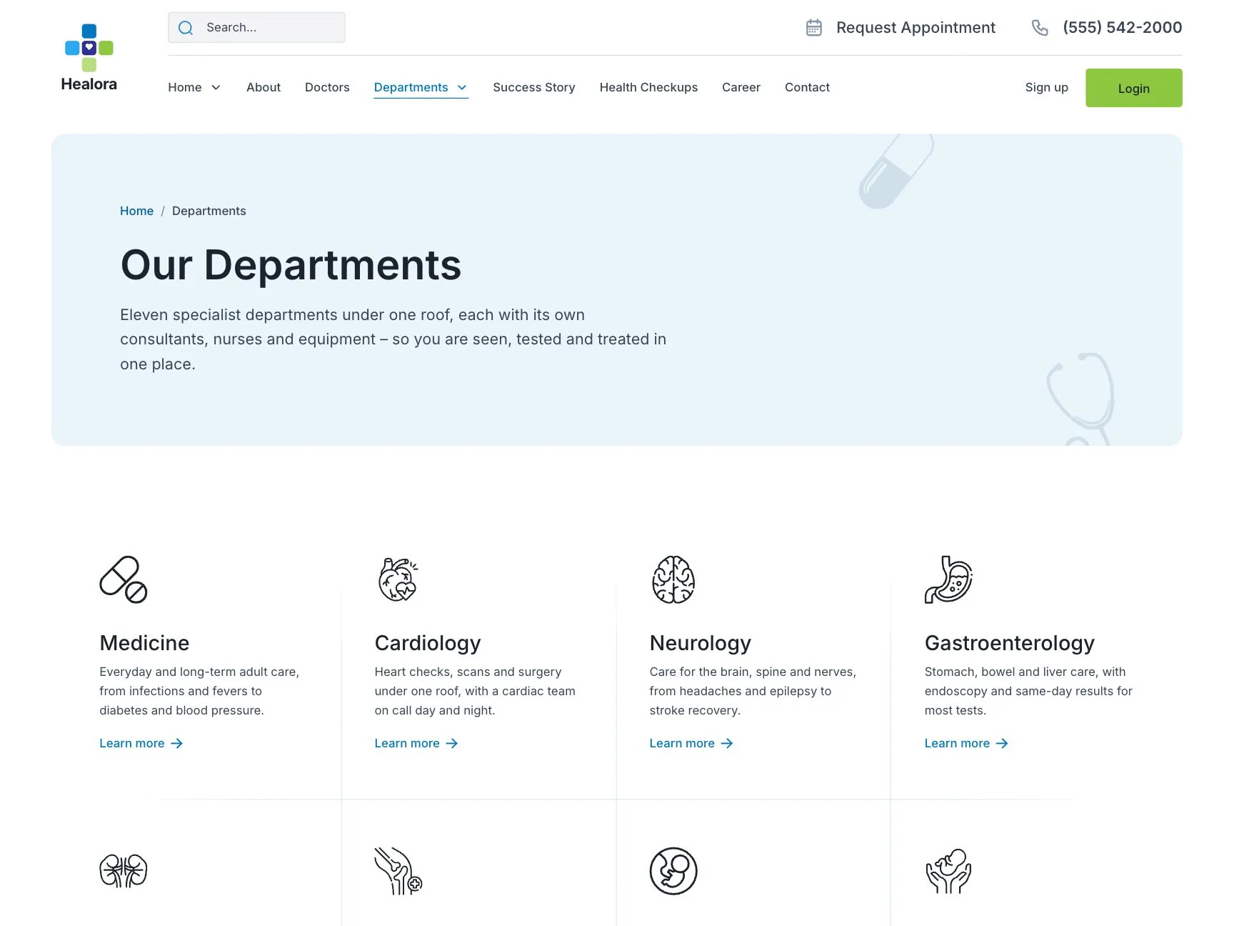 Healora departments page